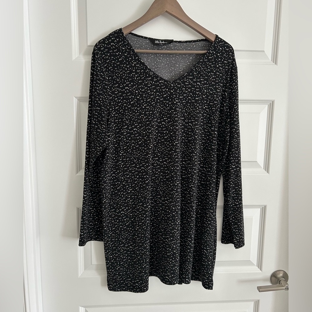 Ulla Popken Long Sleeve Stretch Tunic Top Black White Size 12 / 14